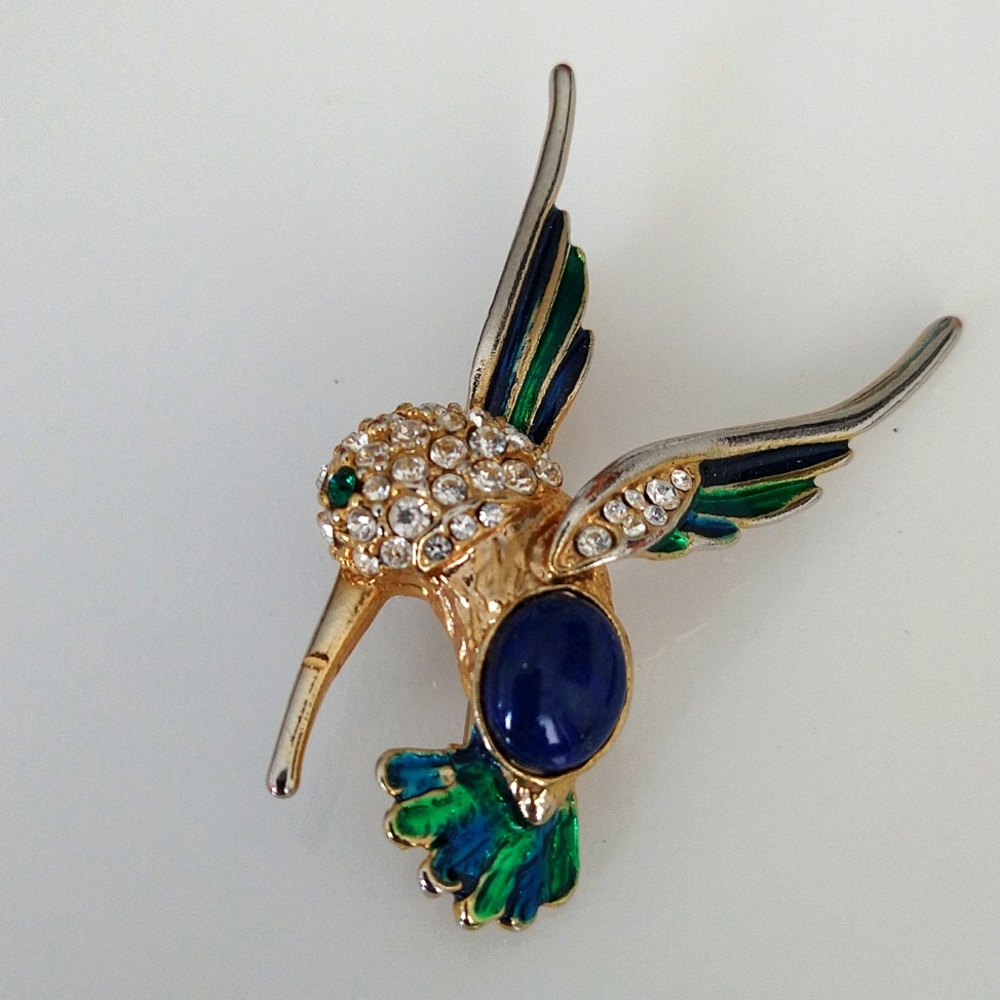 Vintage Hummingbird Brooch Gold Toned Enamel Pin by LP